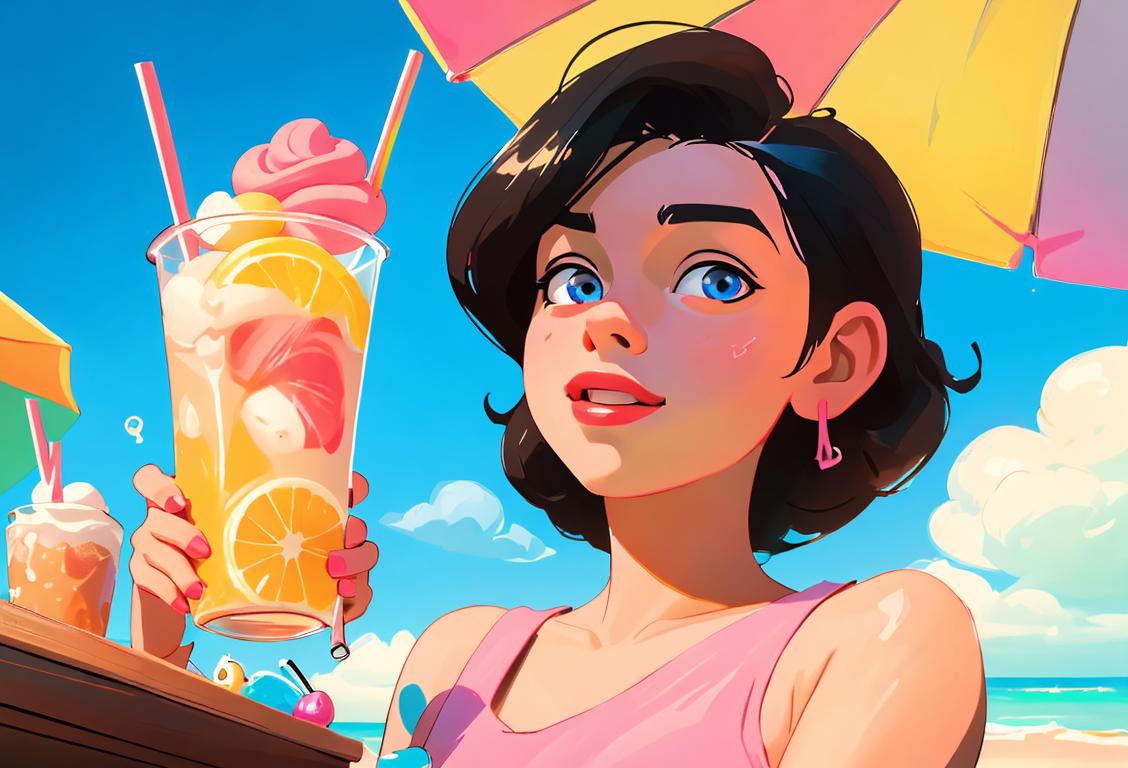 Young person enjoying a refreshing RB float, surrounded by colorful straws, retro soda fountain setting, fun summer vibes..