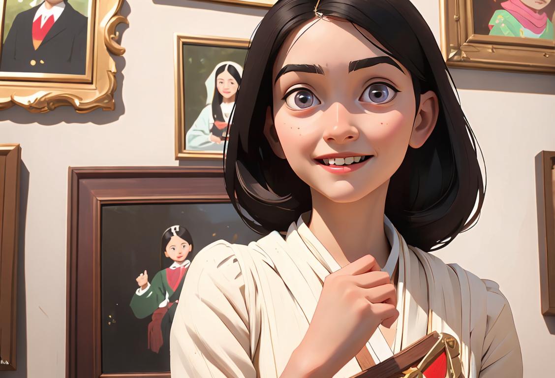 Young girl with a cheerful expression, wearing traditional clothing, surrounded by family photos and historical artifacts..