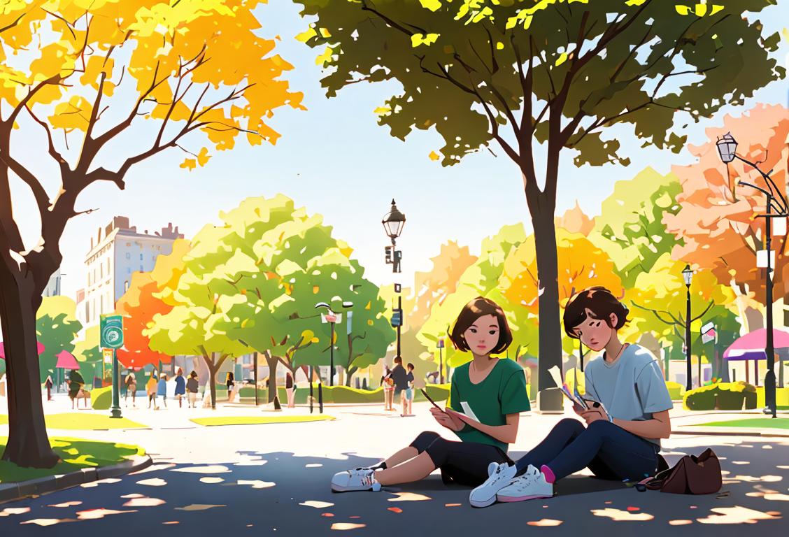 Teenagers sitting in a park, one writing a tbh note on a cute stationery, wearing trendy street fashion, sunny park scene..