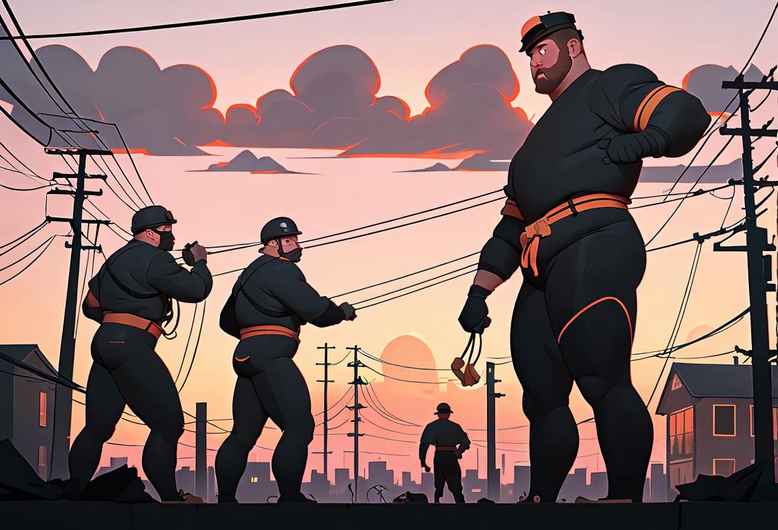 A group of linemen wearing safety gear, holding power lines, against a backdrop of a bustling city at dusk..