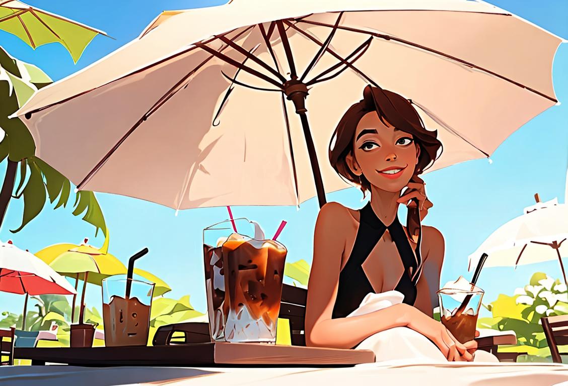 A refreshing image featuring a person enjoying a tall glass of iced coffee, dressed in summer fashion, lounging in a sunny outdoor setting with a parasol. Their smile radiates contentment as they take a delightful sip, showcasing the perfect combination of fragrance, taste, and body in each chilled sip..
