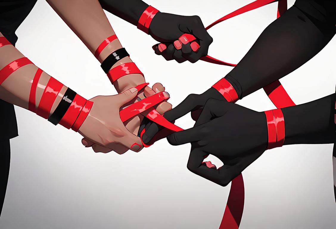 Group of diverse individuals wearing red ribbons, holding hands, in urban setting with healthcare symbol in the background..
