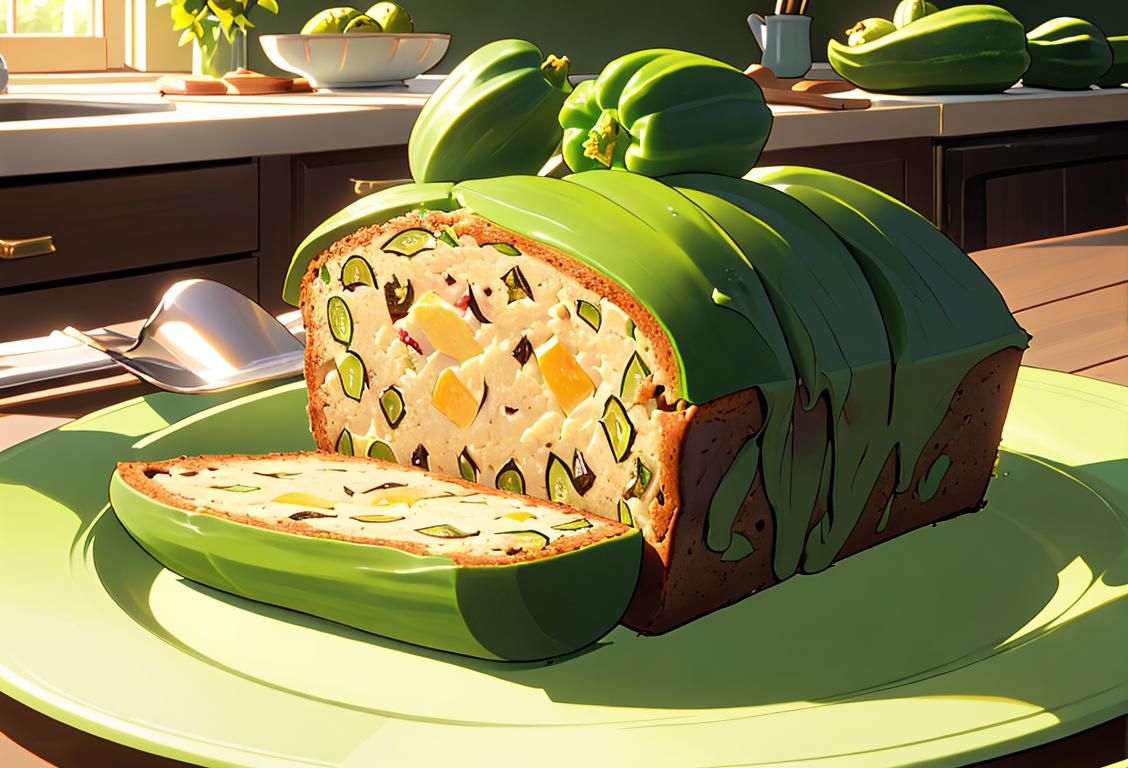 A person holding a slice of zucchini bread, surrounded by vibrant green zucchinis, in a cozy kitchen setting..