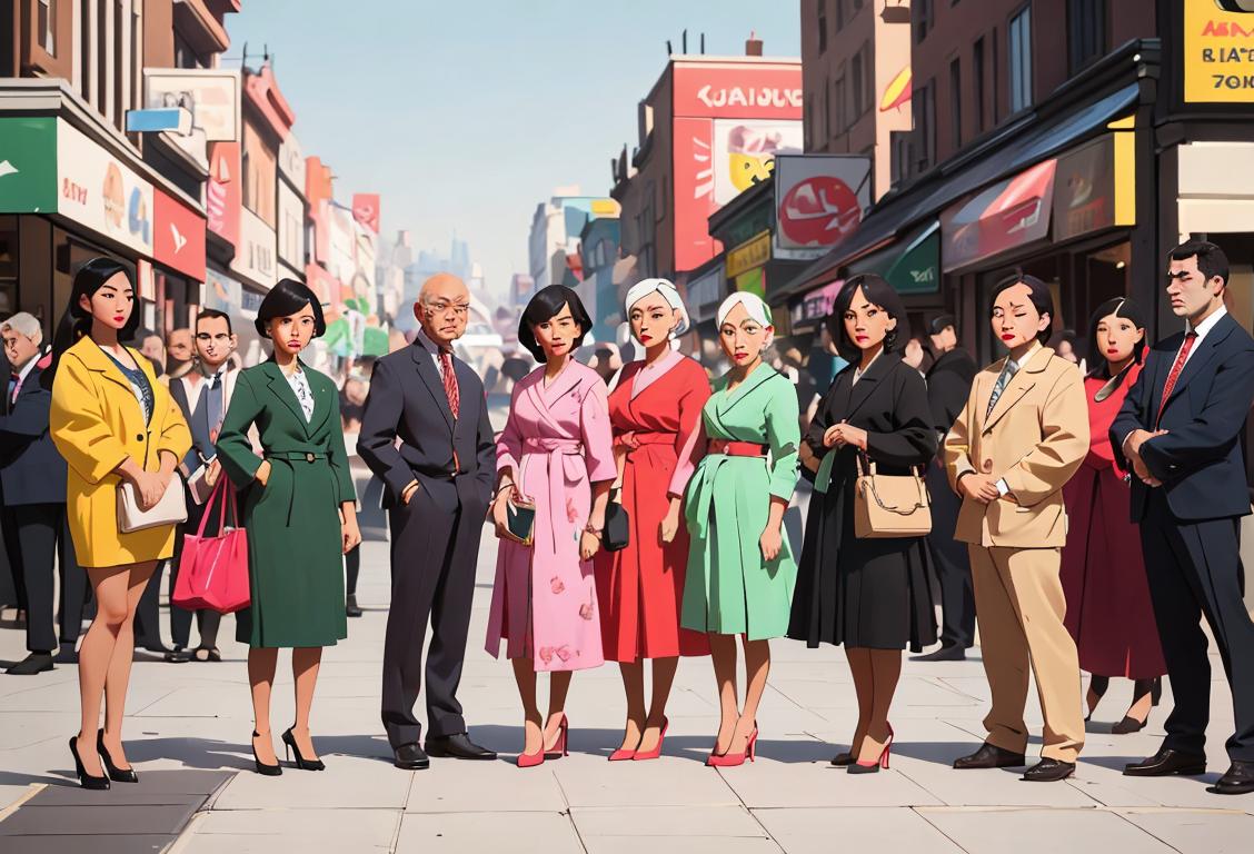 A diverse group of individuals, dressed in various fashion styles, standing together in a bustling city scene, symbolizing unity and bystander awareness..