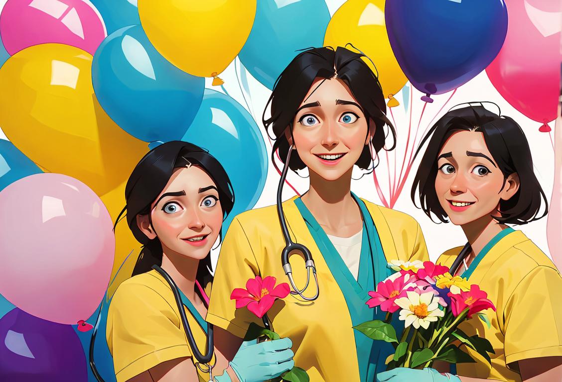 A group of healthcare professionals wearing colorful scrubs, surrounded by cheerful balloons and flowers..