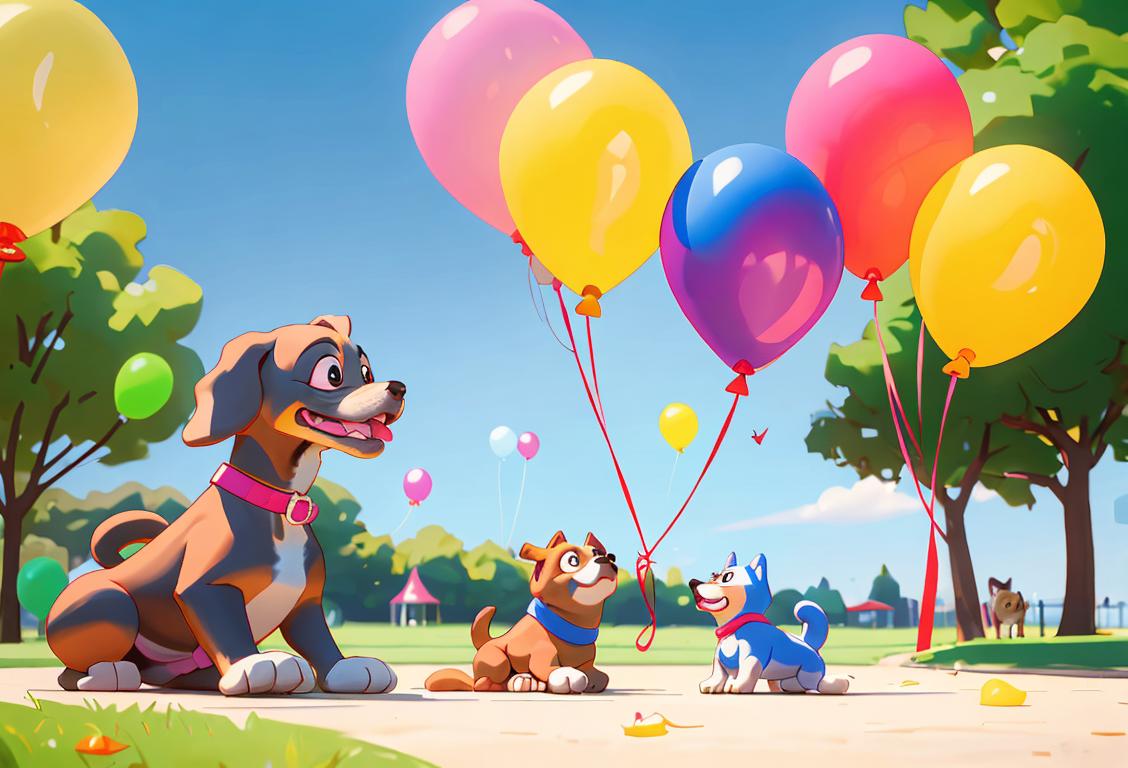 Happy dogs of all shapes and sizes playing in a sunny park, with children and families in casual summer outfits, colorful balloons in the background..