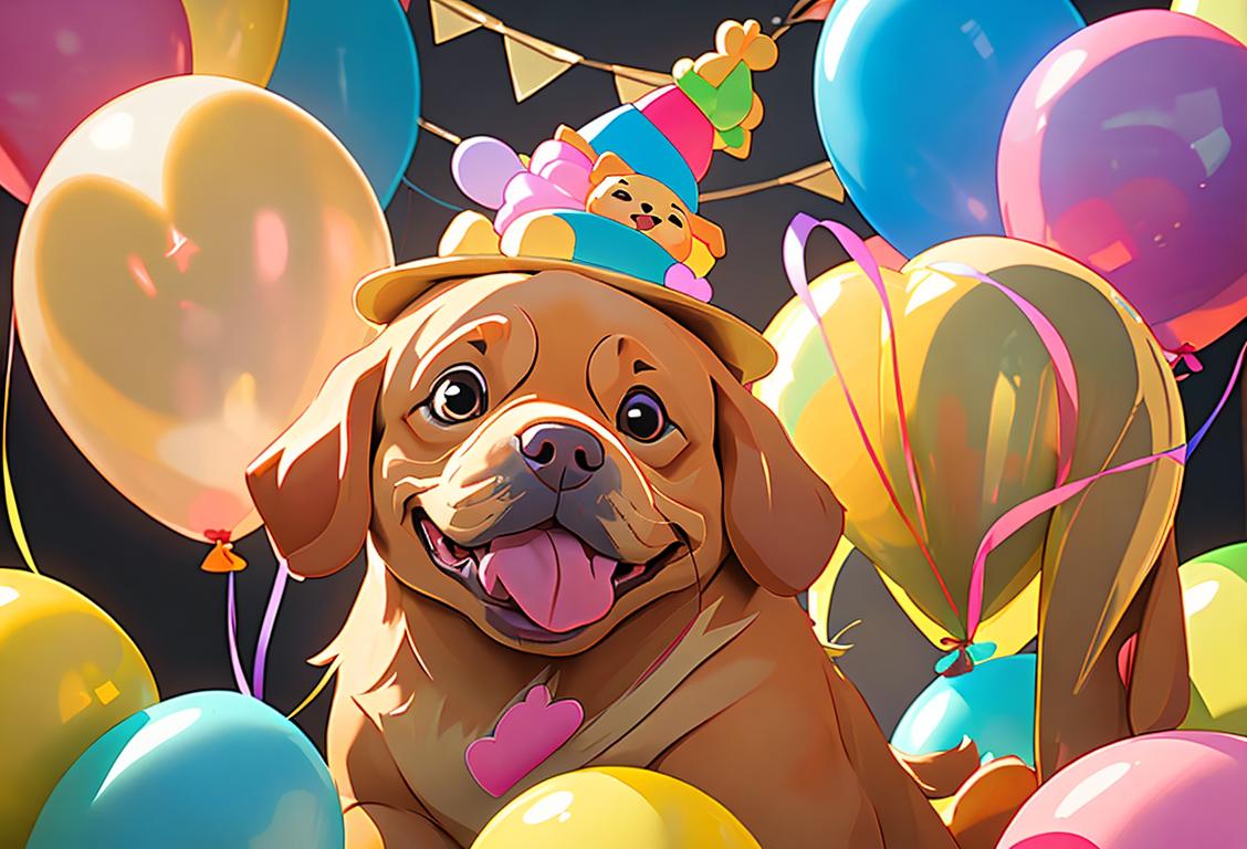 Cute golden retriever puppy wearing a party hat, surrounded by colorful balloons and streamers. A joyful celebration for National Pup Day!.