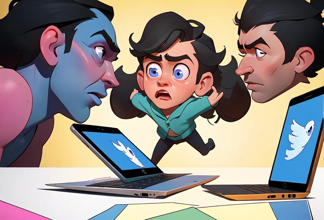 Two users in a virtual argument, one holding a smartphone and the other with a laptop, representing Twitter beef. Vibrant and diverse backgrounds, reflecting a range of opinions and emotions..