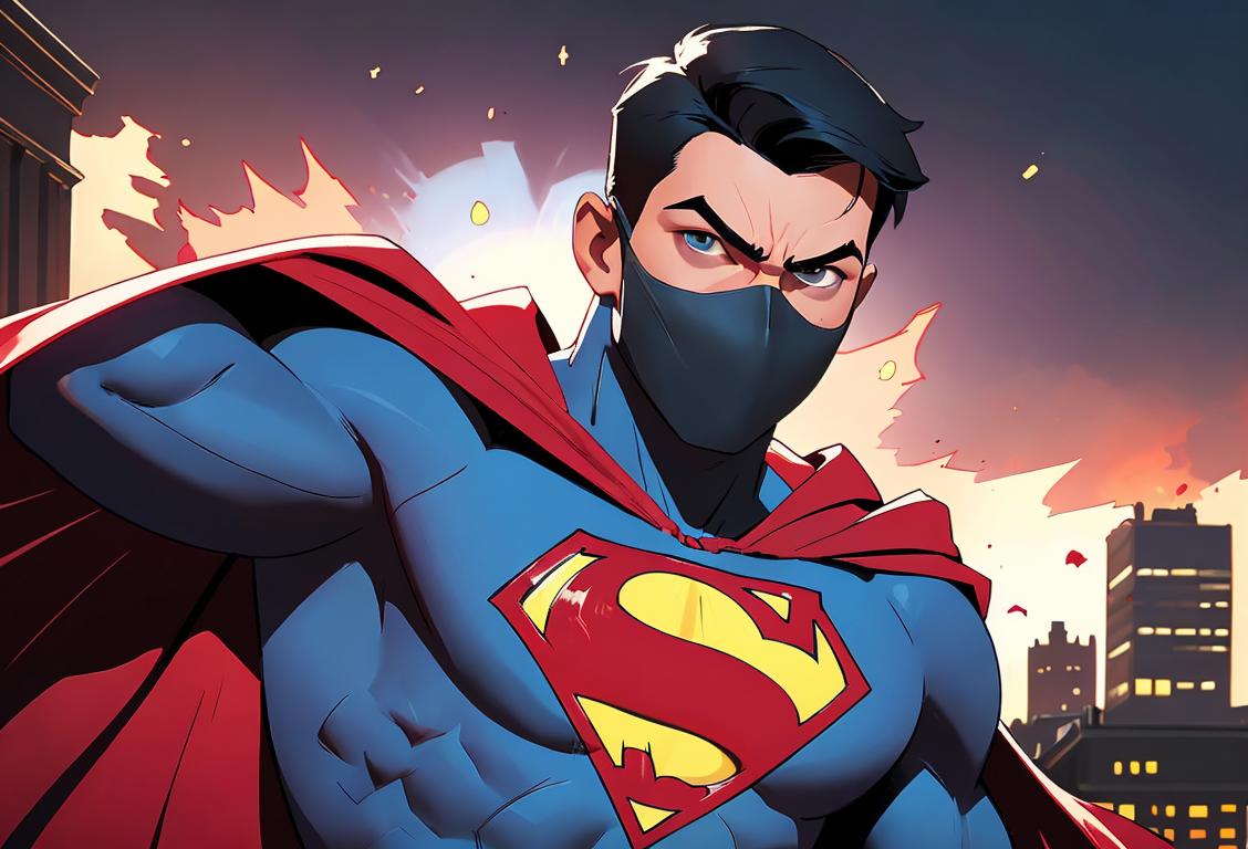 A young man with a cape and a mask, striking a powerful pose in a vibrant cityscape..