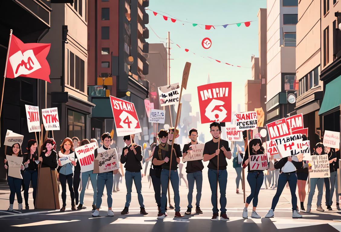 Young adults holding picket signs with various slogans, wearing casual clothes, urban city backdrop..