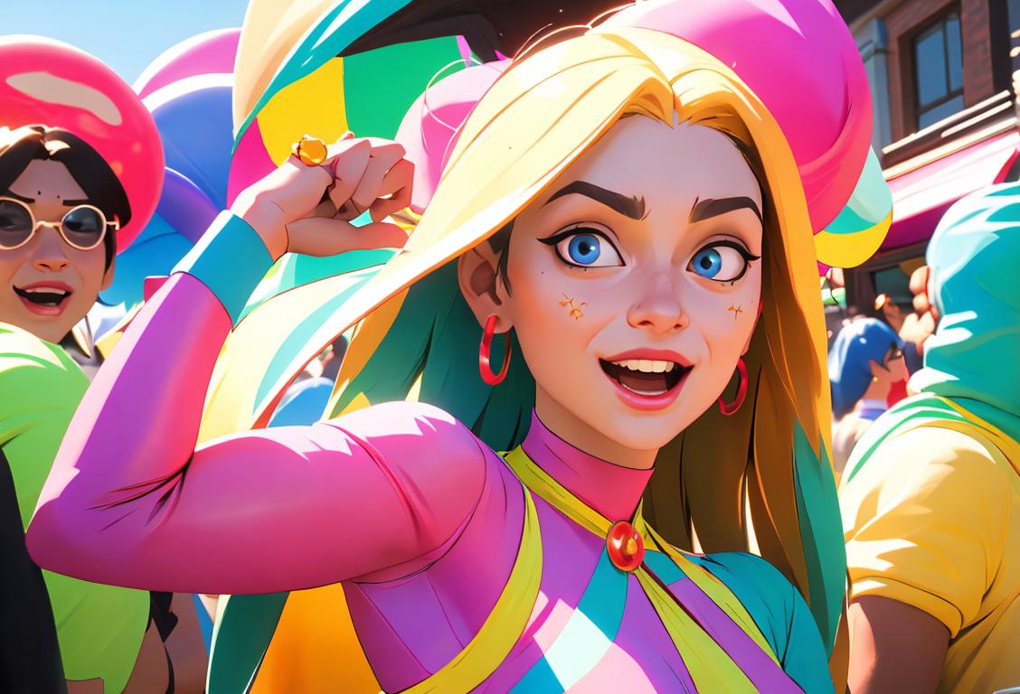 Happy individuals wearing a variety of colorful costumes and accessories in an energetic street festival environment, celebrating National implied Day..