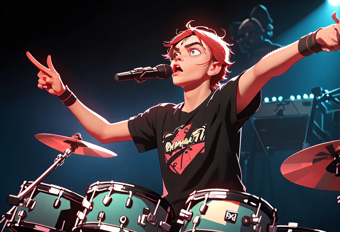 Young fans holding drumsticks, wearing band merchandise, rock concert setting, energetic atmosphere..