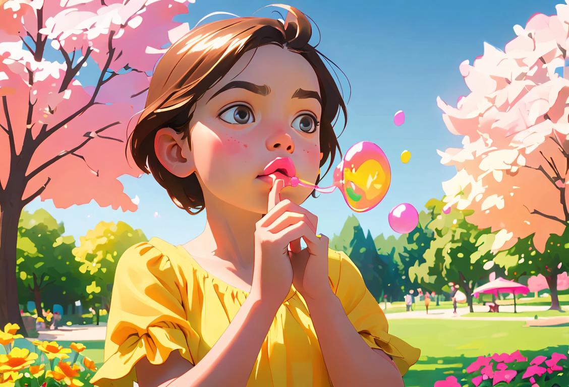 Young child blowing bubbles, wearing a colorful summer dress, sunny park setting with vibrant flowers..