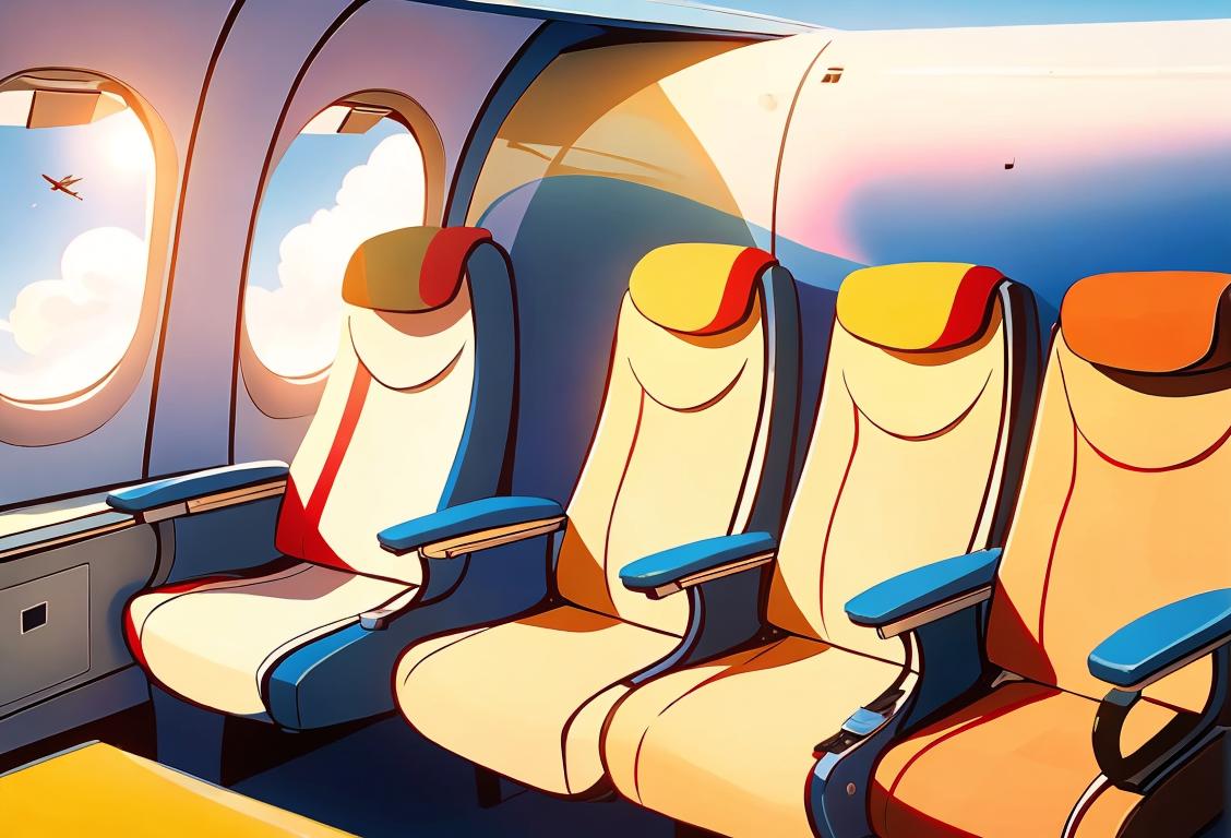Passengers enjoying a flight on a sunny day, showing diverse holiday outfits and scenes from different eras..