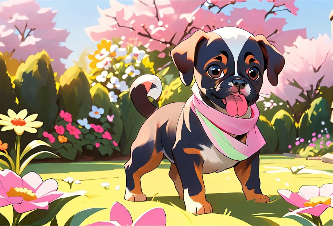 A heartwarming image of a cute puppy with innocent eyes, wagging its tail enthusiastically. The puppy is wearing a colorful bandana and is surrounded by blooming flowers in a sunny garden. The scene exudes happiness and love. The setting is reminiscent of a joyful spring day, with children playing in the background and wearing pastel-colored clothes..