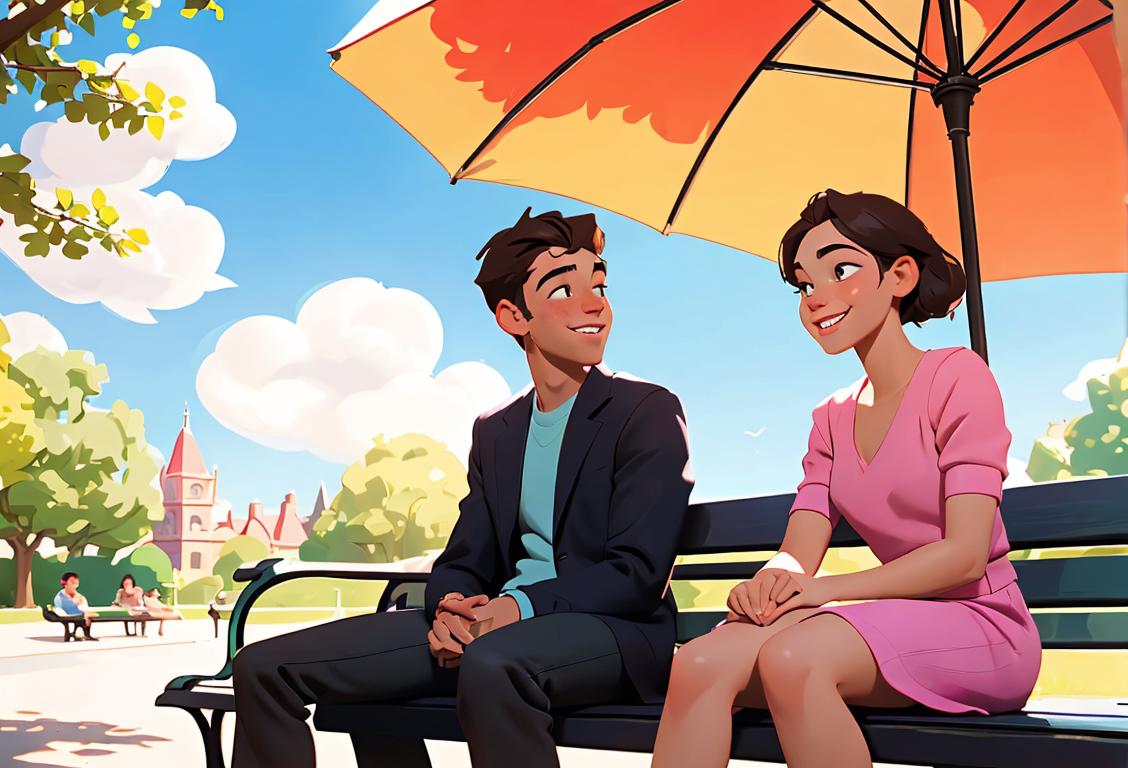 Young man and woman sitting side by side on a park bench, smiling and sharing a friendly conversation under a sunny sky..