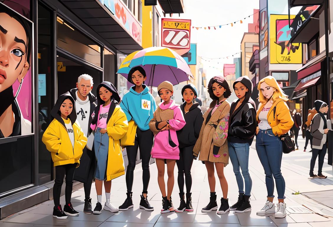 A diverse group of people of all ages, wearing trendy clothes, posing confidently in an urban fashion district..