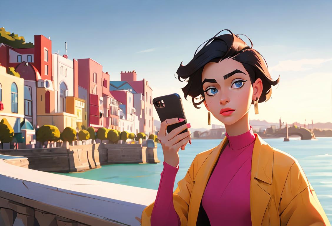 Young person with their phone, striking a pose in front of a scenic backdrop, wearing trendy clothes and accessories..