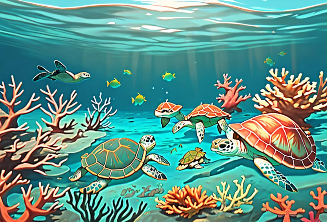 A group of sea turtles swimming in clear turquoise waters with coral reefs in the background, enjoying the Summer sun..