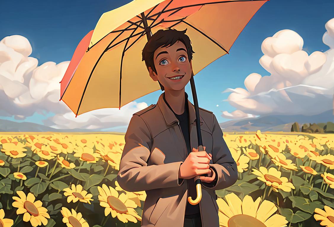 A friendly weatherperson with a sunny smile, holding an umbrella and standing in front of weather maps..