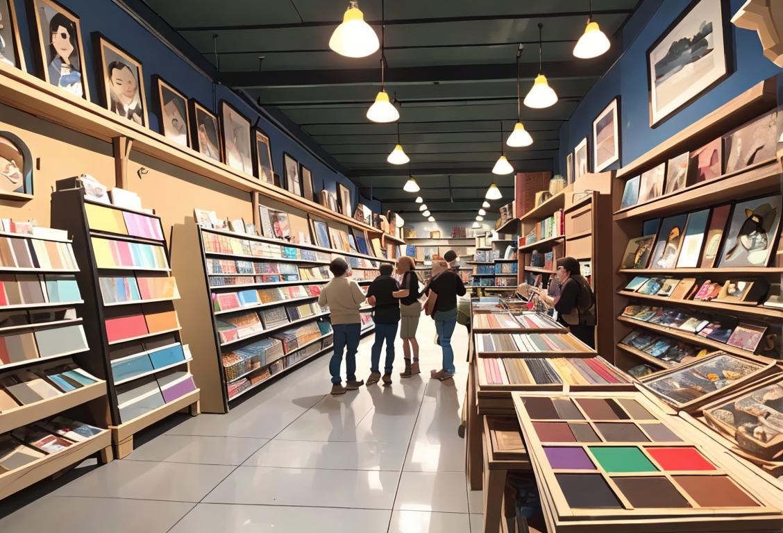 A diverse group of people gathered at a hobby shop, wearing casual and comfortable clothes, exploring various crafts and hobbies with excitement..