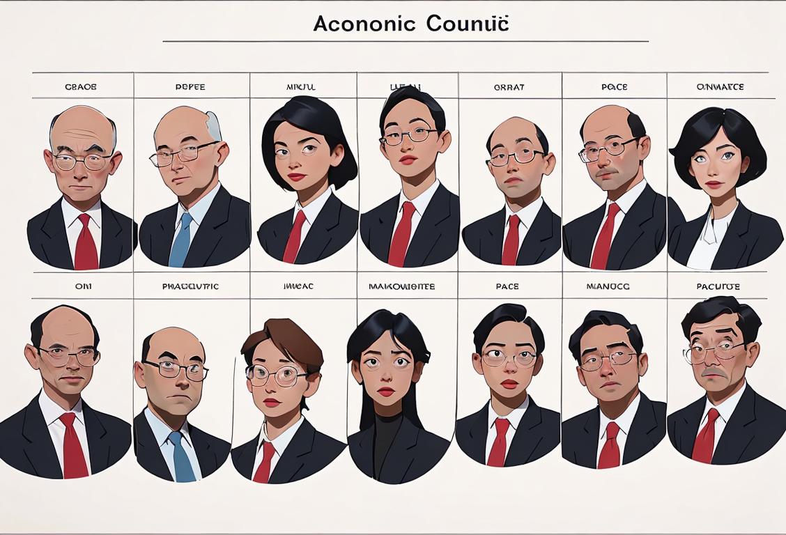 A diverse group of individuals discussing finance and economics, dressed professionally, with graphs and charts in the background..