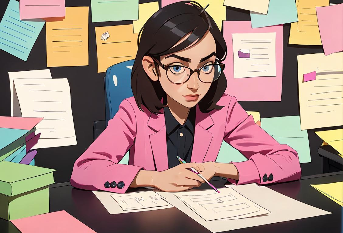 Young adult sitting at a desk, surrounded by colorful sticky notes, wearing glasses, modern office setting..