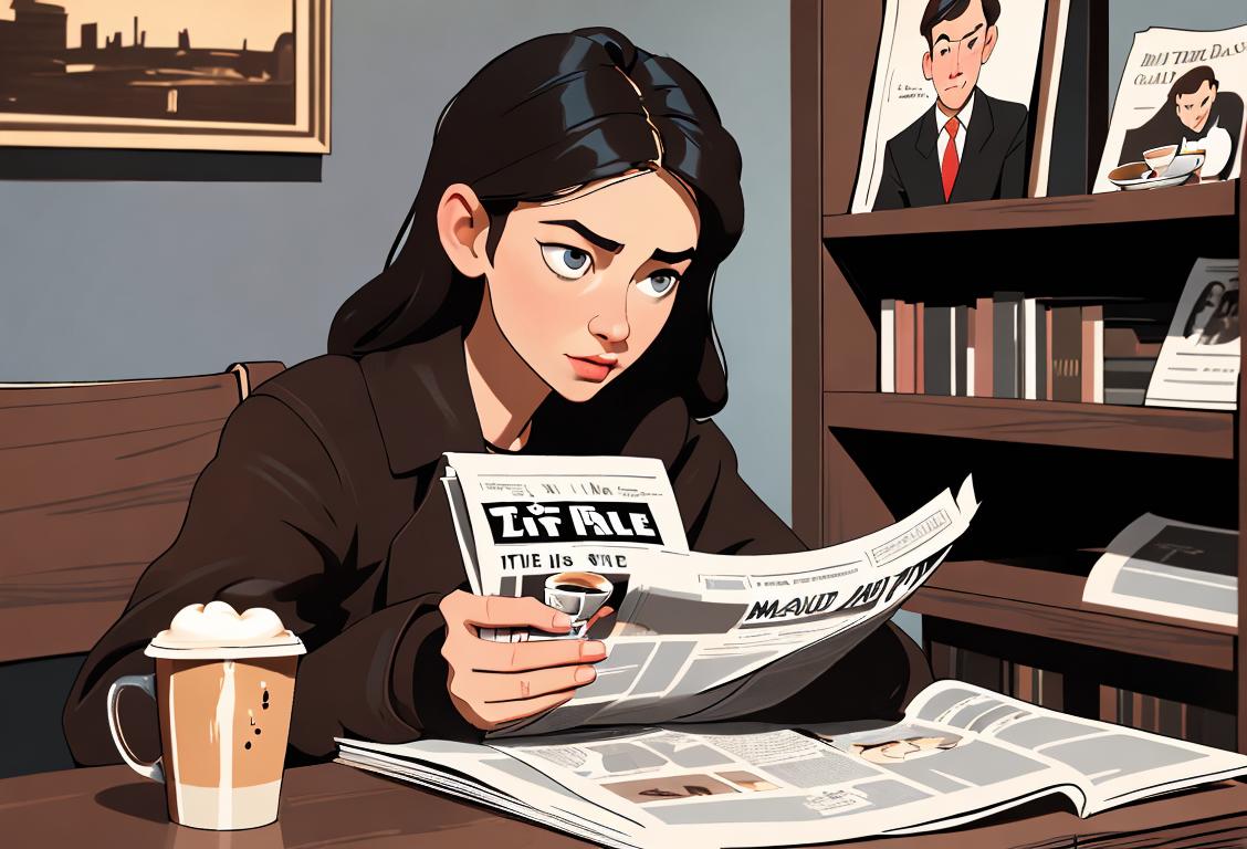 Young person engaging with national news, reading a newspaper in a cozy coffee shop, surrounded by stacks of books, warm drink nearby..