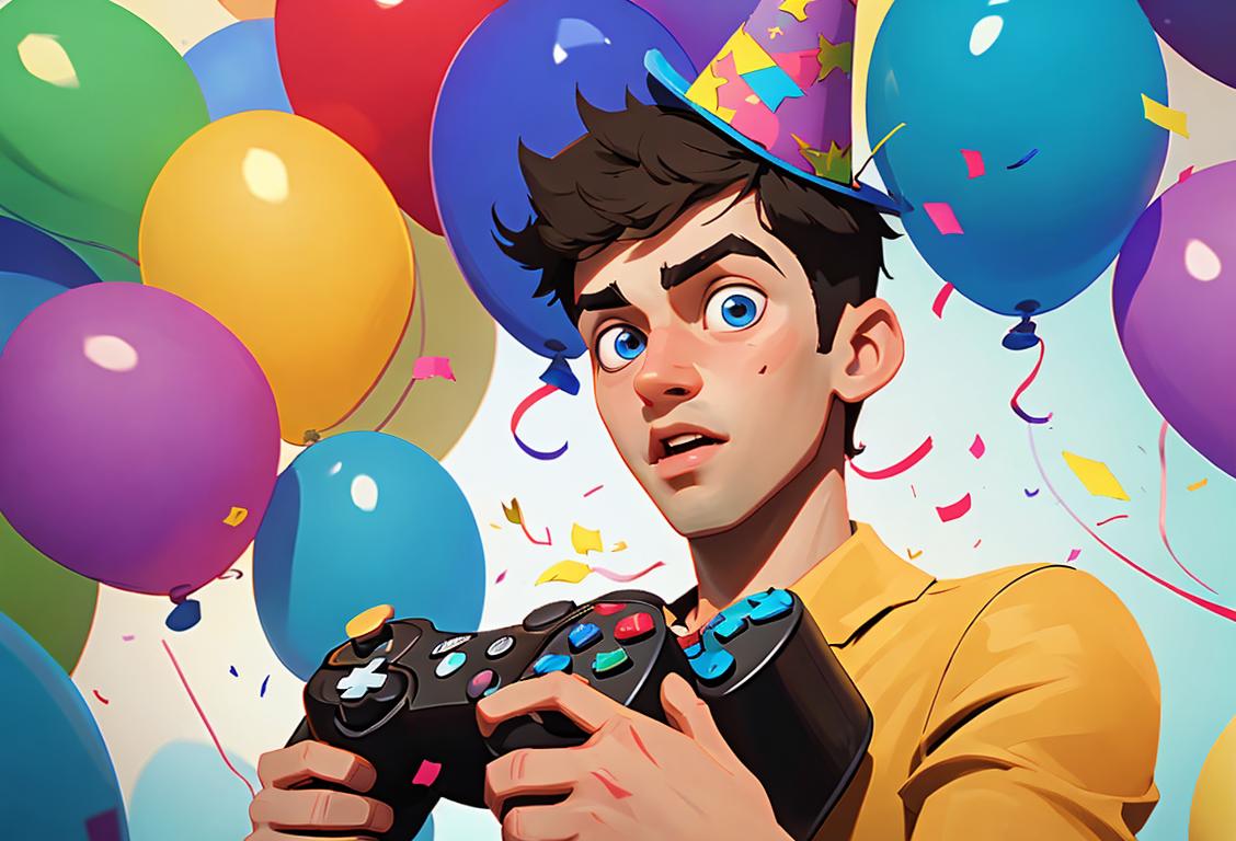 Young man wearing a party hat, holding a game controller, surrounded by confetti and balloons..