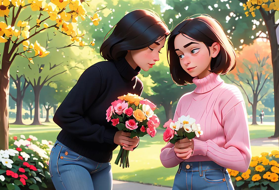A heartwarming image of a young woman giving her big sister a bouquet of flowers, dressed in a cozy sweater and jeans, surrounded by a beautiful park scenery. The scene captures the love and gratitude of National Big Sister Day, emphasizing the timeless bond between siblings..