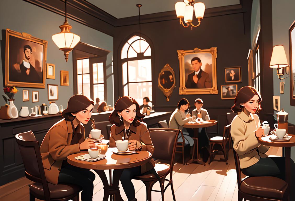 A cozy cafe scene with people enjoying cups of coffee, wearing trendy fall fashion, and surrounded by vintage decor..
