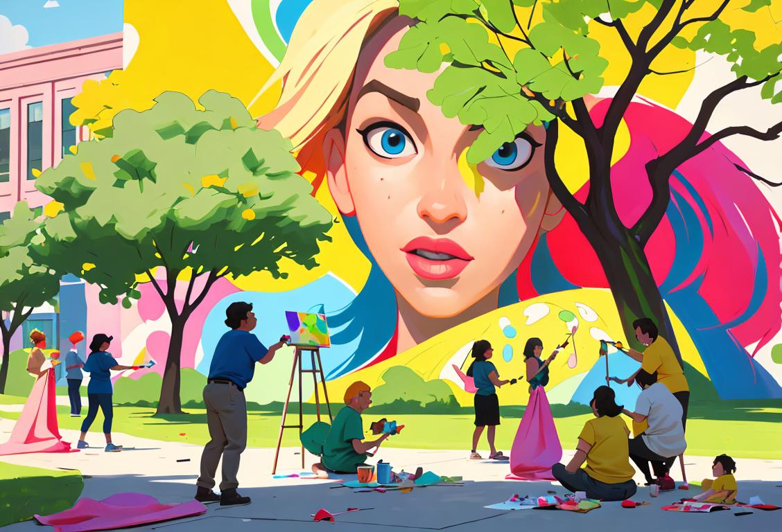 A group of people painting a mural with vibrant colors, wearing artist smocks, in a bustling city park..