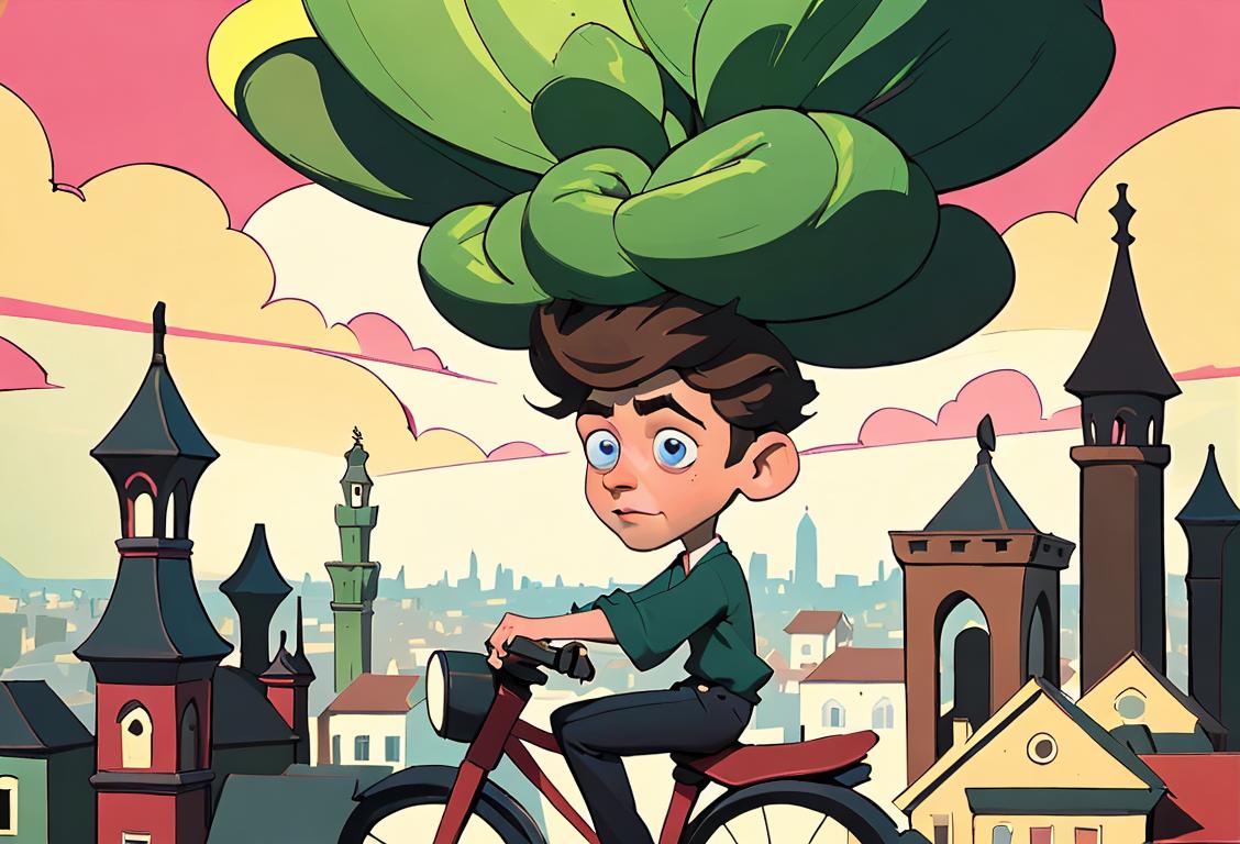 Young man riding a unicycle, balancing an impressive tower of stacked records on his head, surrounded by a vibrant cityscape..