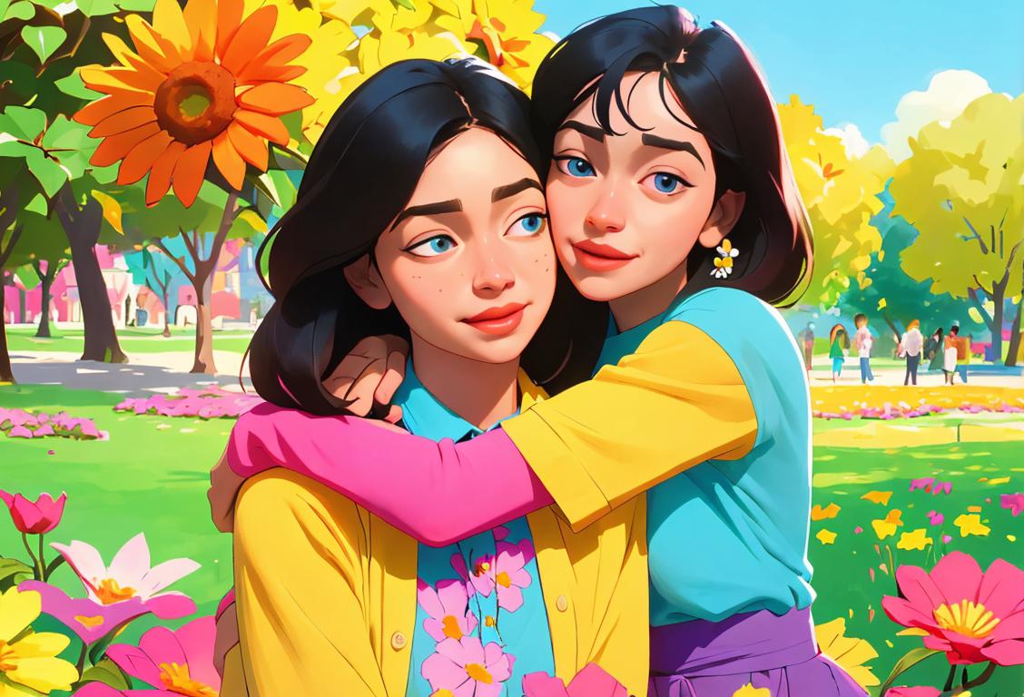 A group of diverse people wearing colorful shirts, giving each other hugs, surrounded by vibrant flowers and a sunny park scene..