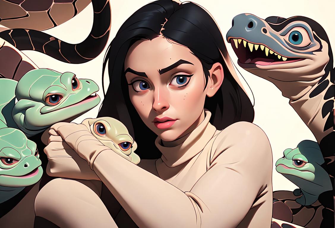 Young woman wearing a cozy turtleneck sweater, surrounded by curious pythons, embracing the whimsical journey into neck-hugging fashion evolution on National Turtleneck Day..