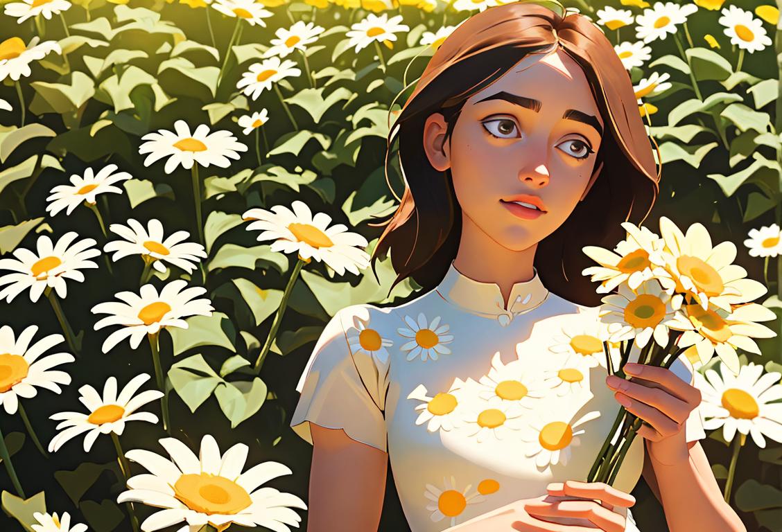 A young girl happily holding a bouquet of daisies, wearing a floral dress, surrounded by a sunny garden..
