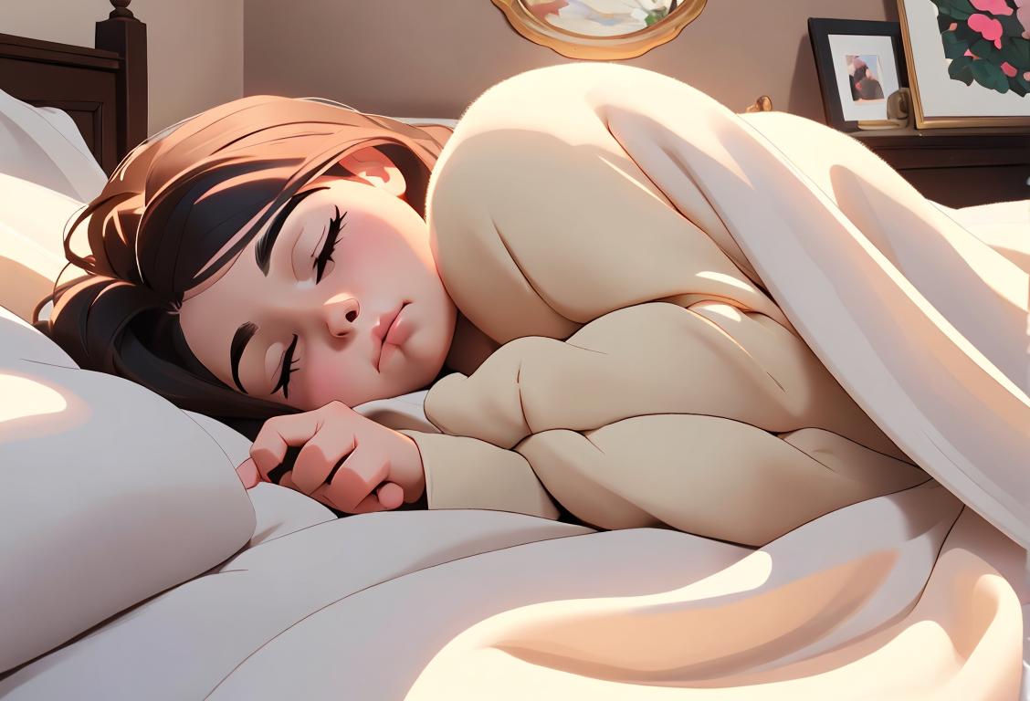 Person lying under a soft blanket, eyes closed, peacefully napping in a cozy bedroom, surrounded by fluffy pillows and a warm sunbeam..