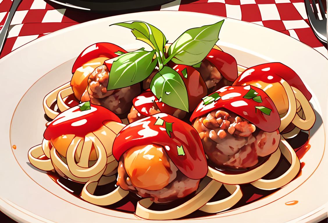 A delicious plate of spaghetti and meatballs, garnished with fresh herbs, served on an Italian-style checkered tablecloth..