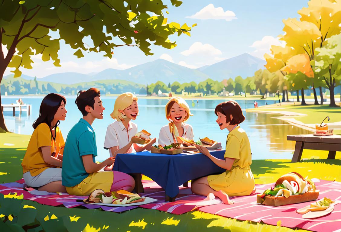 A joyful group of people gathered around a table, spreading mayo on their sandwiches. They are wearing colorful summer outfits, enjoying a picnic in a beautiful park with a serene lake view..