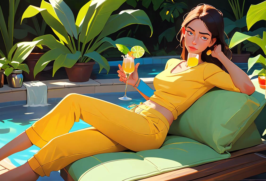 A person practicing self-care with a tequila cocktail, wearing comfortable loungewear, surrounded by relaxing spa items and plants..
