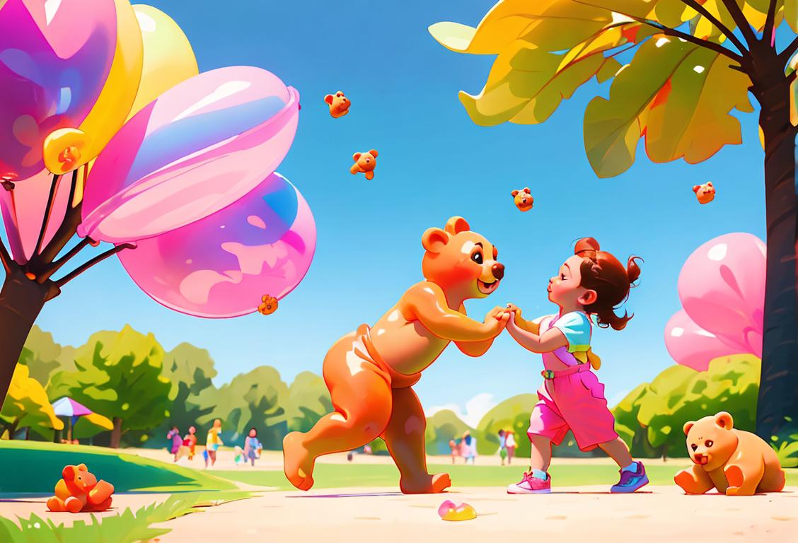 Colorful image of children playfully holding and enjoying gummi bears, wearing cute summer outfits, in a sunny park..