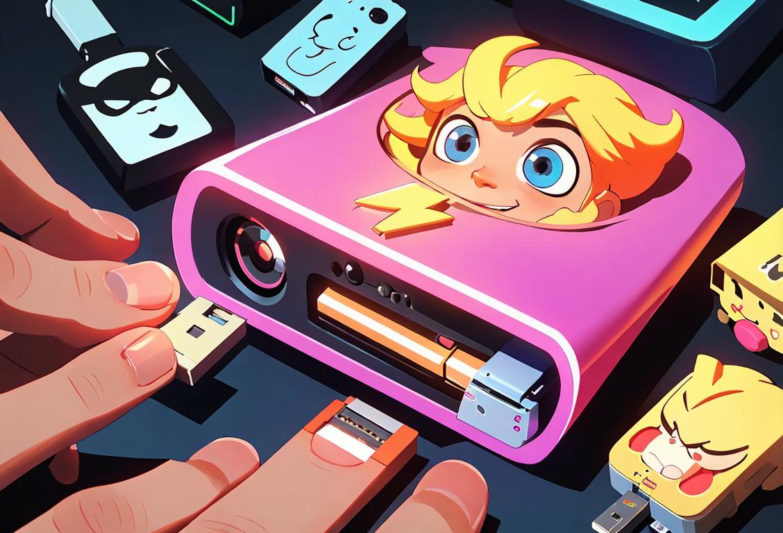 A tech enthusiast happily holding a flash drive, surrounded by vibrant digital icons and futuristic gadgets..