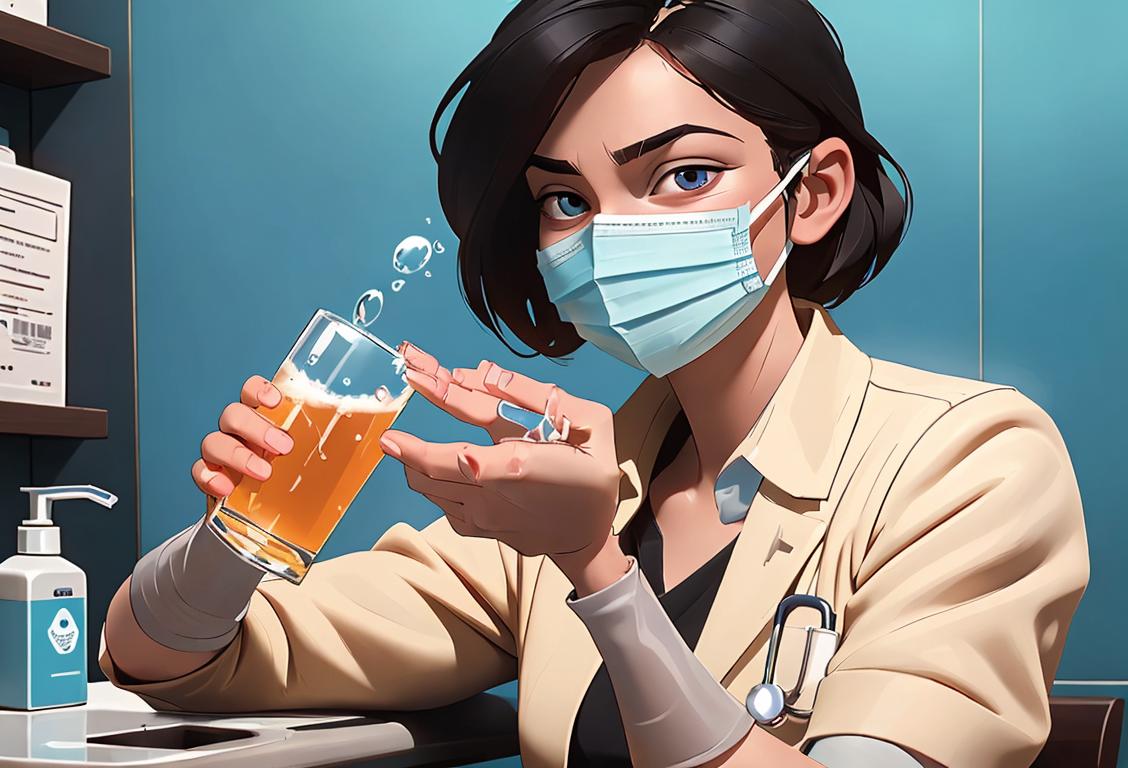 A cheerful person holding a glass of water, wearing a medical mask, in a clean and hygienic environment. They have a friendly smile and are surrounded by hand sanitizer and disinfectant wipes..