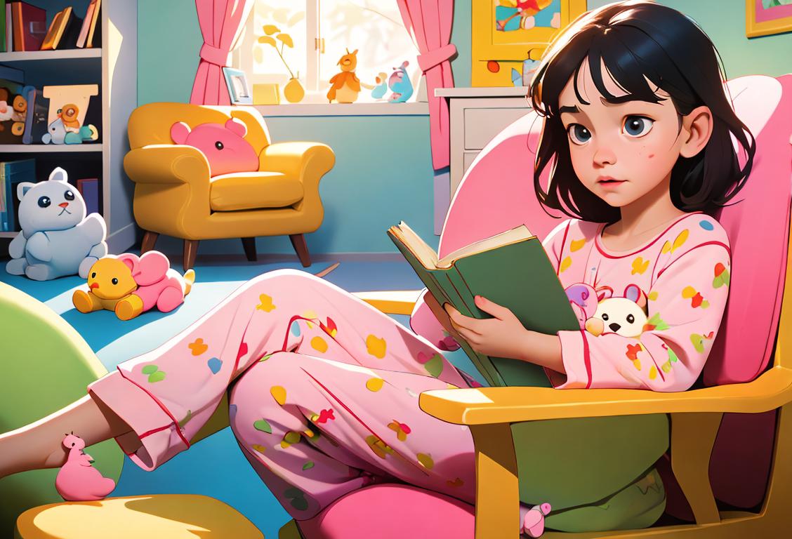 Child in pajamas, sitting on a cozy chair, surrounded by colorful storybooks and stuffed animals..