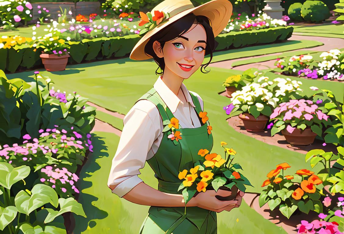 A person, dressed in casual gardening attire, holding a hoe with a smile on their face, surrounded by a flourishing garden and beautiful flowers in the background..