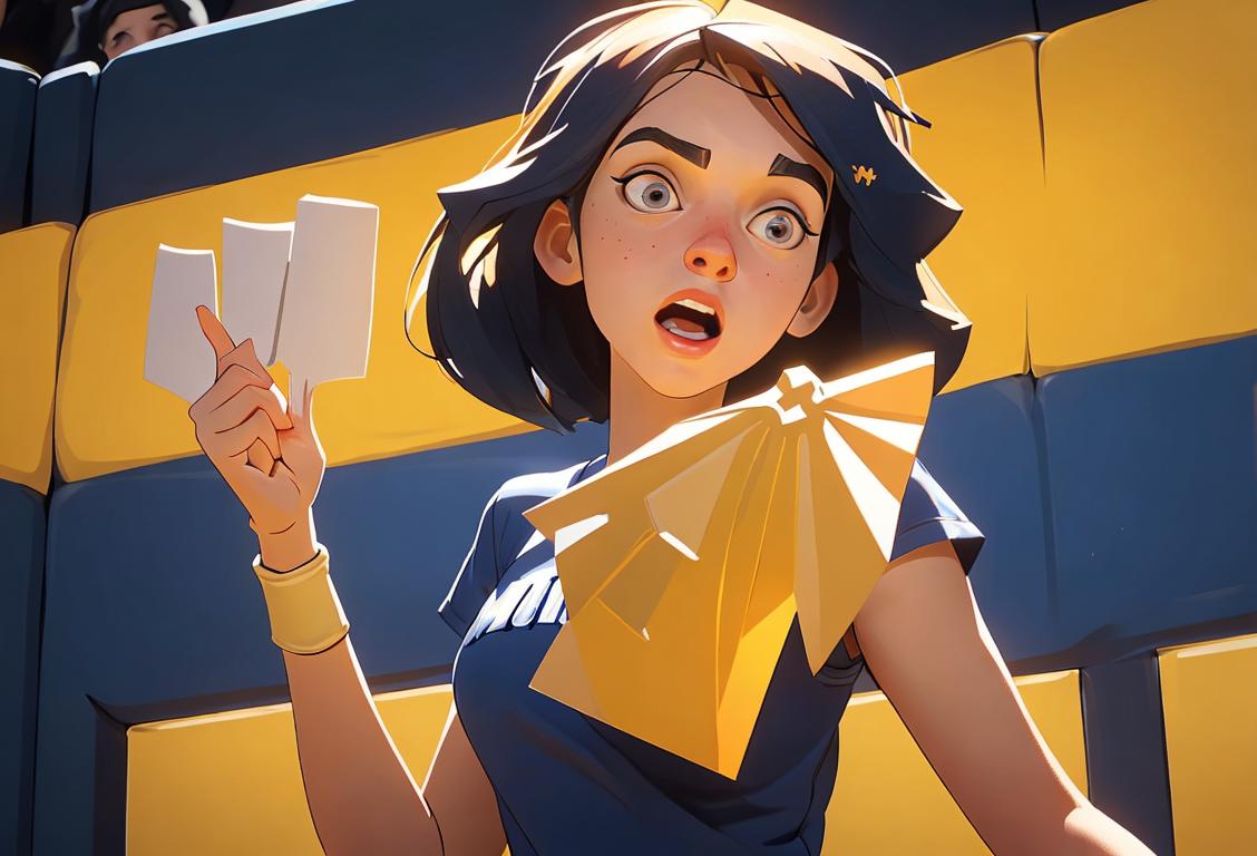 Young woman in Marquette University t-shirt, holding a foam finger, cheering in a lively college basketball game atmosphere..