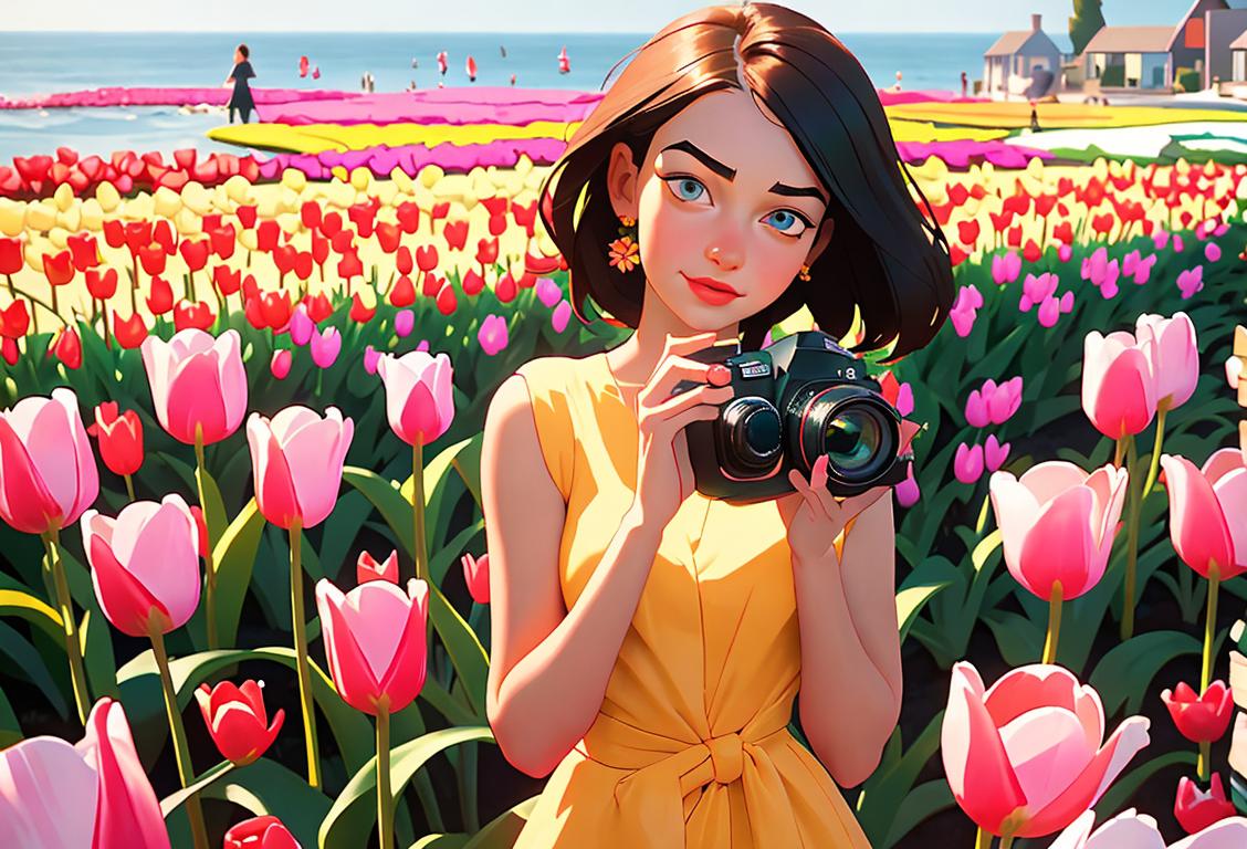A young woman surrounded by a vibrant sea of colorful tulips, wearing a sundress, capturing the beauty of National Tulip Day with her camera..