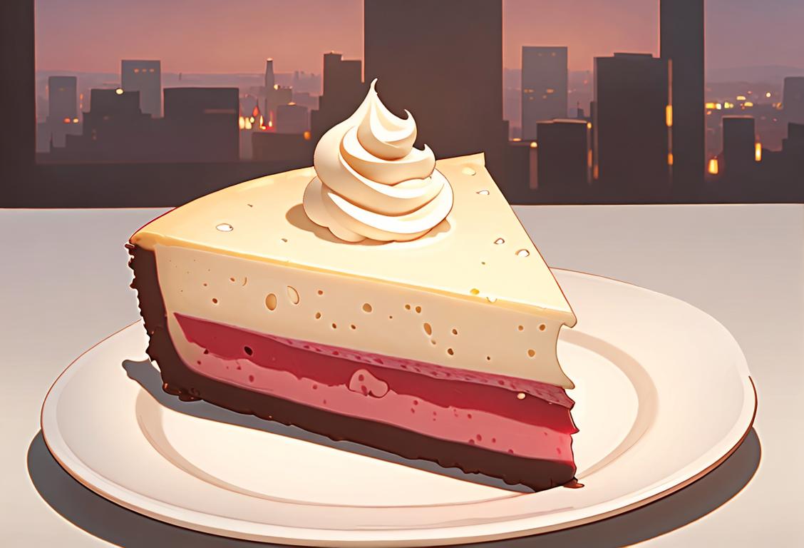Slice of cheesecake with a dollop of whipped cream, set against a backdrop of a bustling cityscape, with fashionable individuals enjoying their desserts..