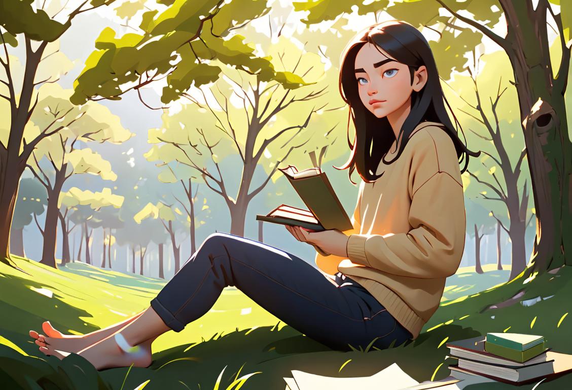A serene landscape with a person sitting crossed legged, enjoying the tranquility, surrounded by books and nature, wearing comfy clothes..