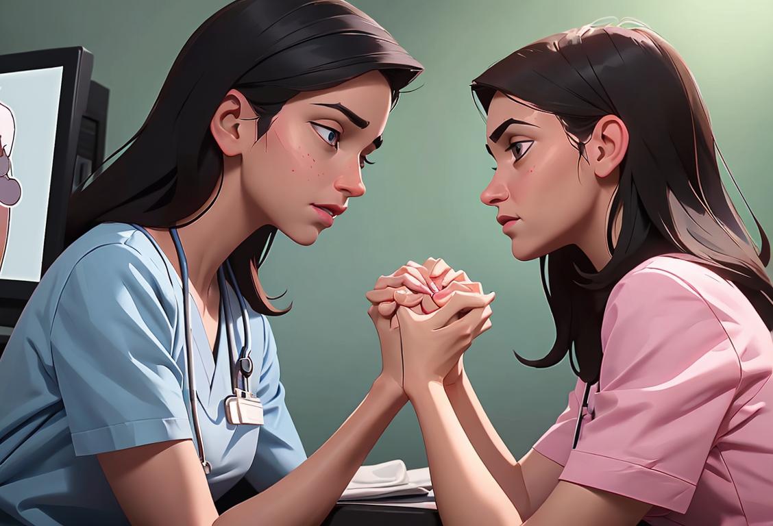 Young woman holding hands with a doctor, wearing scrubs, in a medical clinic setting, surrounded by caring and supportive medical staff..